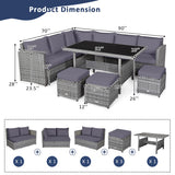 7 Pieces Patio Rattan Dining Furniture Sectional Sofa Set with Wicker Ottoman-Gray