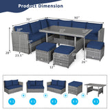 7 Pieces Patio Rattan Dining Furniture Sectional Sofa Set with Wicker Ottoman-Navy