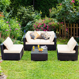 5 Pieces Cushioned Patio Rattan Furniture Set with Glass Table-White