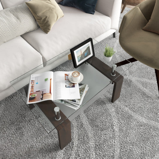 Rectangular Tempered Glass Coffee Table with Shelf-Brown