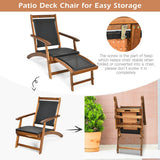 Patio Rattan Folding Lounge Chair with Acacia Wooden Frame Retractable Footrest