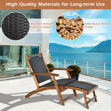 Patio Rattan Folding Lounge Chair with Acacia Wooden Frame Retractable Footrest