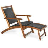 Patio Rattan Folding Lounge Chair with Acacia Wooden Frame Retractable Footrest