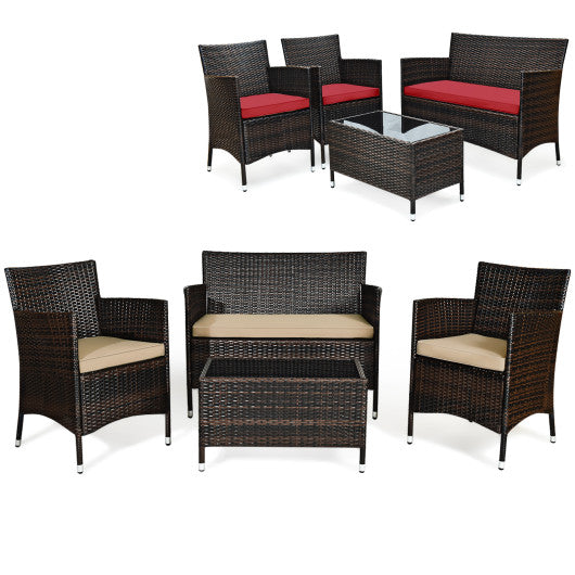 4 Pieces Comfortable Outdoor Rattan Sofa Set with Glass Coffee Table-Beige & Red