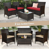 4 Pieces Comfortable Outdoor Rattan Sofa Set with Glass Coffee Table-Beige & Red