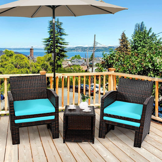 5 Pieces Patio Rattan Furniture Set with Ottoman and Tempered Glass Coffee Table-Turquoise