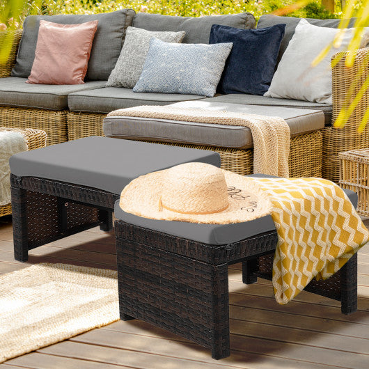 2 Pieces Patio Rattan Ottomans with Soft Cushion for Patio and Garden-Gray