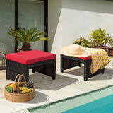 2 Pieces Patio Rattan Ottomans with Soft Cushion for Patio and Garden-Red