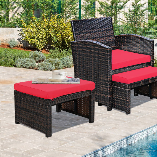 2 Pieces Patio Rattan Ottomans with Soft Cushion for Patio and Garden-Red