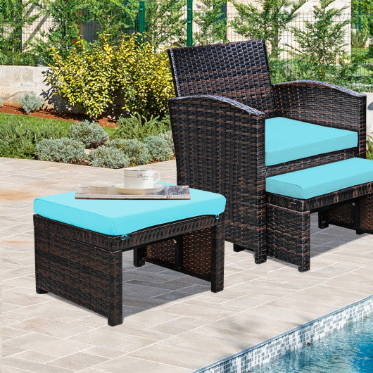 2 Pieces Patio Rattan Ottomans with Soft Cushion for Patio and Garden-Turquoise