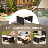 2 Pieces Patio Rattan Ottomans with Soft Cushion for Patio and Garden-White