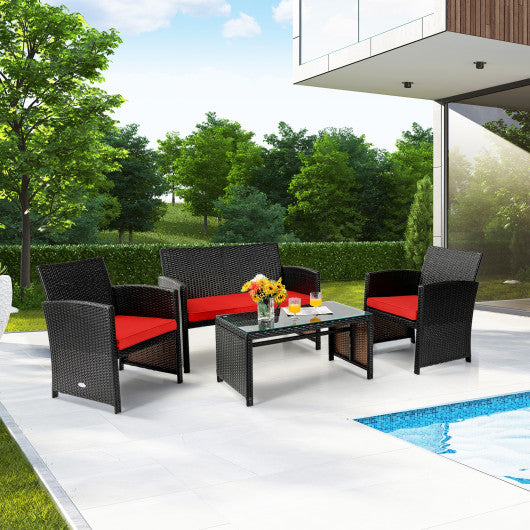 4 Pieces Patio Rattan Cushioned Furniture Set-Red