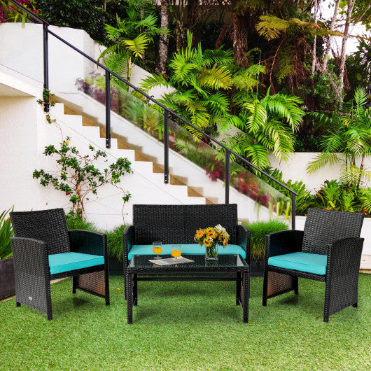 4 Pieces Patio Rattan Cushioned Furniture Set-Turquoise