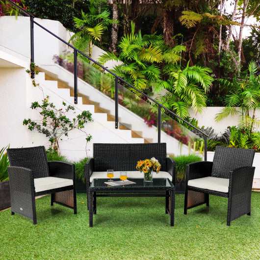 4Pcs Patio Rattan Cushioned Furniture Set-White