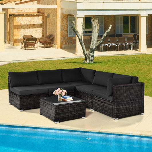 6 Pieces Patio Rattan Furniture Set with Cushions and Glass Coffee Table-Black