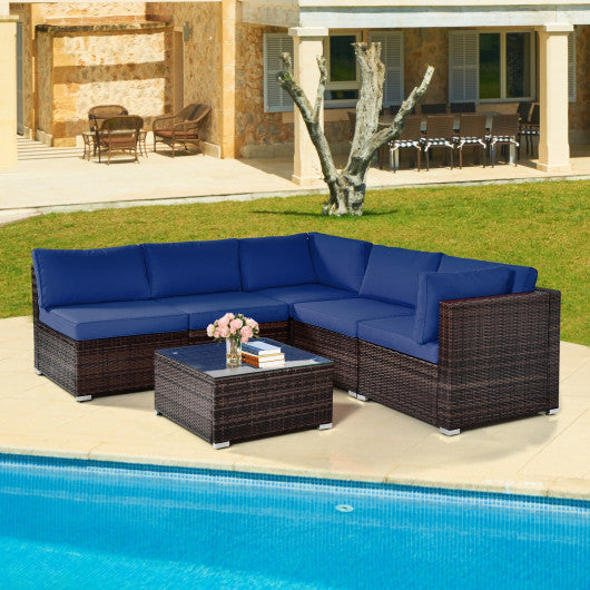 6 Pieces Patio Rattan Furniture Set with Cushions and Glass Coffee Table-Navy