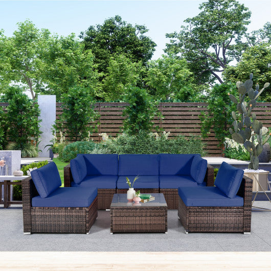 6 Pieces Patio Rattan Furniture Set with Cushions and Glass Coffee Table-Navy