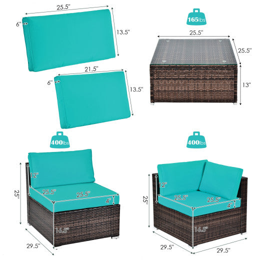 6 Pieces Patio Rattan Furniture Set with Cushions and Glass Coffee Table-Turquoise