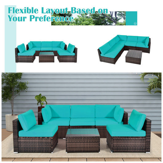 6 Pieces Patio Rattan Furniture Set with Cushions and Glass Coffee Table-Turquoise