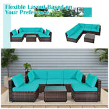 6 Pieces Patio Rattan Furniture Set with Cushions and Glass Coffee Table-Turquoise