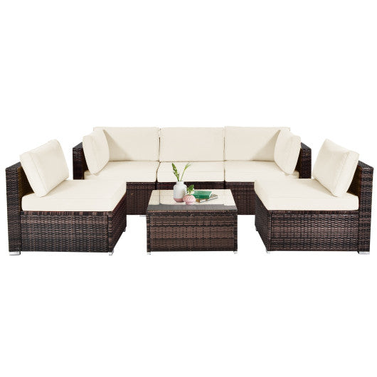 6 Pieces Patio Rattan Furniture Set with Cushions and Glass Coffee Table-White