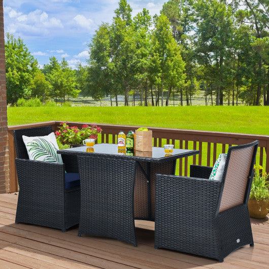 3 Pieces Patio Rattan Furniture Set with Cushion and Sofa Armrest-Navy