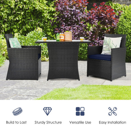 3 Pieces Patio Rattan Furniture Set with Cushion and Sofa Armrest-Navy