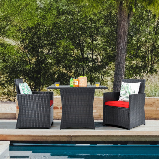 3 Pieces Patio Rattan Furniture Set with Cushion and Sofa Armrest-Red