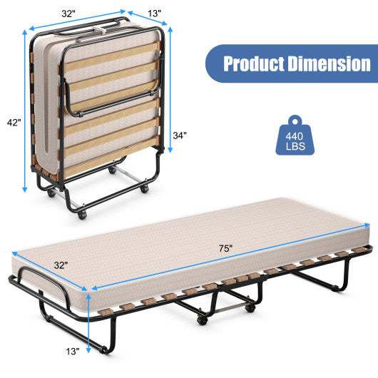 Portable Folding Bed with Memory Foam Mattress and Sturdy Metal Frame Made in Italy-Beige