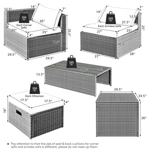 8 Pieces Patio Rattan Furniture Set with Storage Waterproof Cover and Cushion-Off White