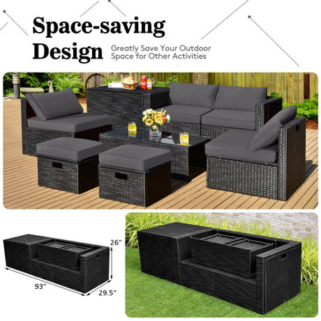 8 Pieces Patio Rattan Storage Table Furniture Set-Gray