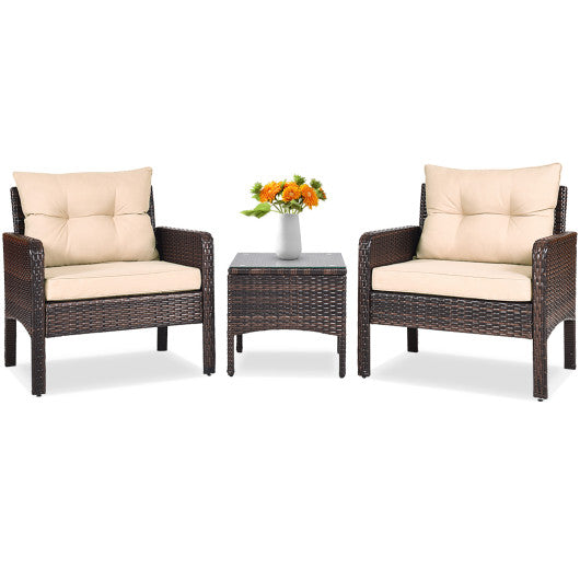 3 Pieces Outdoor Patio Rattan Conversation Set with Seat Cushions-Beige