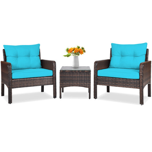 3 Pcs Outdoor Patio Rattan Conversation Set with Seat Cushions-Turquoise