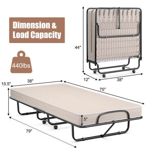 Rollaway Guest Bed with Sturdy Steel Frame and Memory Foam Mattress Made in Italy-Beige