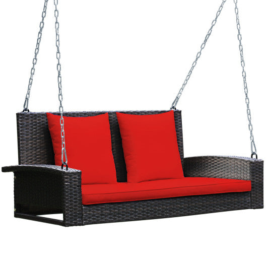 2-Person Patio Rattan Porch Swing with Cushions-Red