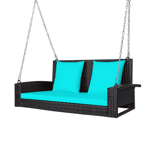 2-Person Patio Rattan Porch Swing with Cushions-Turquoise