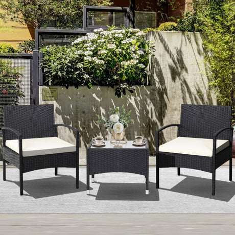 3 Pieces Patio Wicker Rattan Furniture Set with Cushion for Lawn Backyard