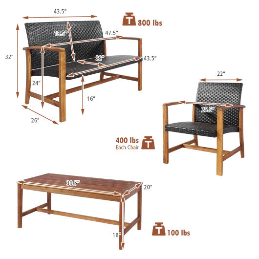 4 Pieces PE Rattan Patio Furniture Set with Solid Acacia Wood