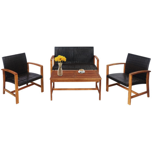 4 Pieces PE Rattan Patio Furniture Set with Solid Acacia Wood