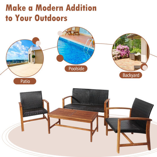 4 Pieces PE Rattan Patio Furniture Set with Solid Acacia Wood