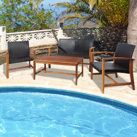 4 Pieces PE Rattan Patio Furniture Set with Solid Acacia Wood