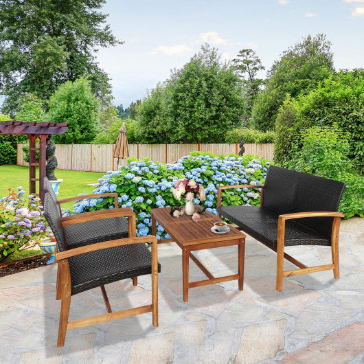 4 Pieces PE Rattan Patio Furniture Set with Solid Acacia Wood