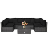 7 Pieces Patio Rattan Furniture Set with Sectional Sofa Cushioned-Black