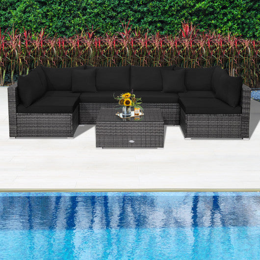 7 Pieces Patio Rattan Furniture Set with Sectional Sofa Cushioned-Black