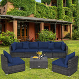 7 Pieces Patio Rattan Furniture Set Sectional Sofa Garden Cushion-Navy