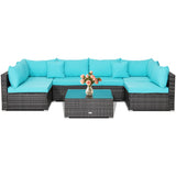 7 Pieces Patio Rattan Furniture Set with Sectional Sofa Cushioned-Turquoise