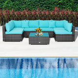 7 Pieces Patio Rattan Furniture Set with Sectional Sofa Cushioned-Turquoise