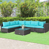 7 Pieces Patio Rattan Furniture Set with Sectional Sofa Cushioned-Turquoise