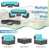 7 Pieces Patio Rattan Furniture Set with Sectional Sofa Cushioned-Turquoise