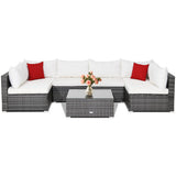 7 Pieces Patio Rattan Furniture Set Sectional Sofa Garden Cushion-White